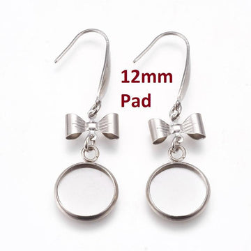 E135 - 10 pcs. 316 Stainless Steel Silver Tone Earring Dangle Hooks Settings Bezels Cabochons - 12mm Glue Pad Setting - Bow Design