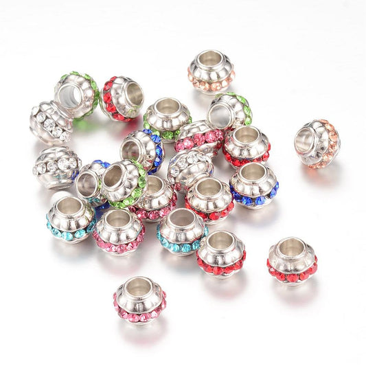BD671 - 25 pcs Silver Tone Rhinestone Ball Spacer Beads - 10mm - Large Hole: 5mm - Assortment - Fits European Cords and Paracord!