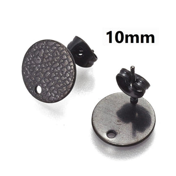 E764 - 10 pcs. (5 pairs) 304 Stainless Steel Gunmetal Black Earring Posts/Bases/Studs/Settings - 10mm Diameter - Hole Size: 1.8mm - TEXTURED