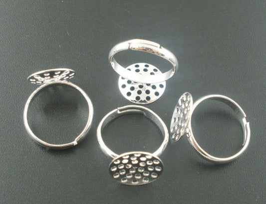 RB045 - 10 pcs. Silver Plated ADJUSTABLE RING BASES - Glue Pad 14mm - 17mm (Ring Size 7)