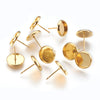 E440A - 2 pcs. 304 Stainless Steel Bright Gold Plated Earring Posts Studs Settings Bezels Cabochons Tacks- 10mm Glue Pad Setting - with Stoppers