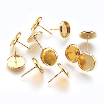 E440A - 2 pcs. 304 Stainless Steel Bright Gold Plated Earring Posts Studs Settings Bezels Cabochons Tacks- 10mm Glue Pad Setting - with Stoppers