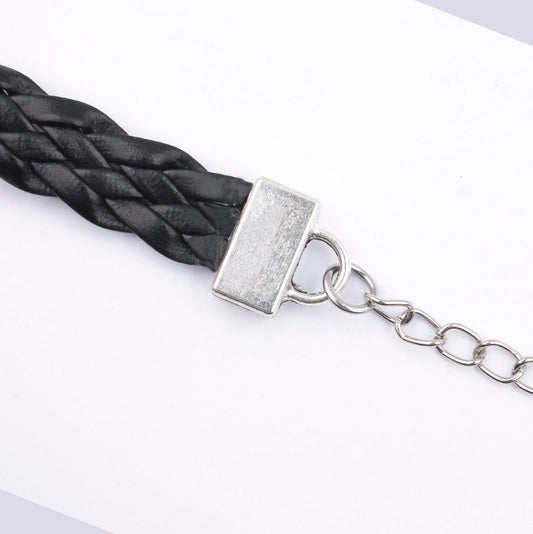 B080 - 2 pcs Black Faux Leather Bracelets with 12mm Glue Pad Bezel Trays and Extender Chains - Adjustable from 7" to 9" - Single Braided Cord