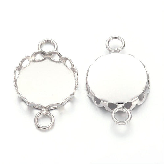 P487 - 10 pcs. Silver Tone Circle Round Bezel Cabochon Cameo Connector Tags Trays - 12mm Glue Pad - Crown Scalloped Edge