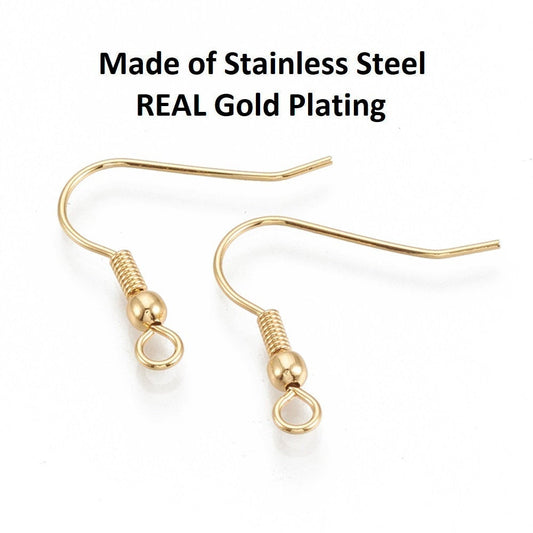 E580 - 50 pcs 304 Stainless Steel 18k Gold Plated Earring Hooks with Spring and Ball - 20mm x 20mm - Hole Size: 2mm - Parallel Loop
