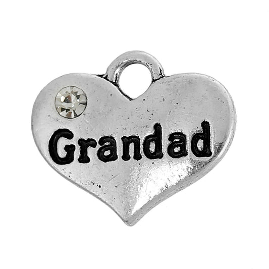 P052 - 4 pcs. Antique Silver "Grandad" charm with rhinestone - 16mm X 14mm