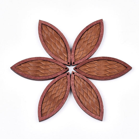 P2103 - 4 pcs. Light Brown REAL Leather Cowhide over Wood Dangle Pendants - Rattan - Marquise - 46mm (1.81") - Great for Earrings or Dangles!