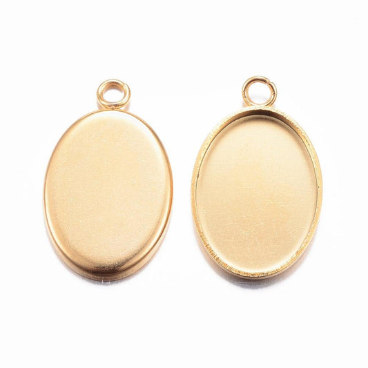 P2046 - 10 pcs. 304 Stainless Steel Oval Bezel Cabochon Pendant Tags Trays - 14mm x 10mm Glue Pad - Setting - 18k Gold Plated - Tarnish Resistant!
