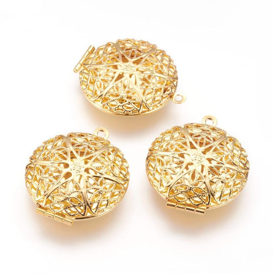 P606 - 5 pcs. Gold Golden Tone Carved Round Perfume Diffuser Pendant Photo Picture Locket Box - 32mm X 27mm ( 1 1/4" x 1")