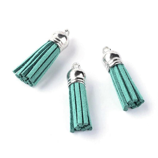 P399 - 10 pcs. Blue Teal Faux Suede Tassel Dangle Charms Pendants - Silver Tone - 3.6cm (1.4") x 1cm (0.4") - Great for Light Earrings &amp; Dangles!