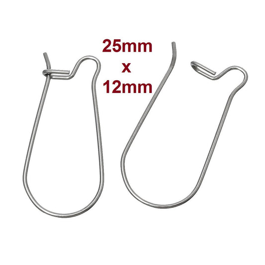 E739 - 50 pcs. 304 Stainless Steel Kidney Earwire Earring Hooks - 25mm x 12mm - LARGE - Hypoallergenic! Tarnish Resistant!