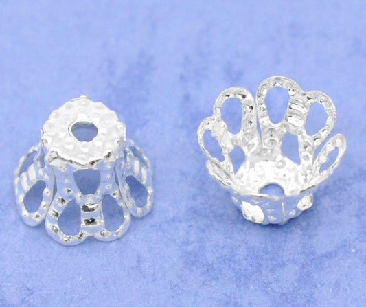 BD054 - 200 pcs Silver Plated Flower Bead Caps Covers - 6mm