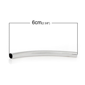 BD399 - 30 pcs. Silver Tone Noodle Smooth Pattern Tube Extra Long Thin Curved Beads - 60mm x 5mm (2.36" x 0.2") - Made of Copper! Hole Size: 4.1mm