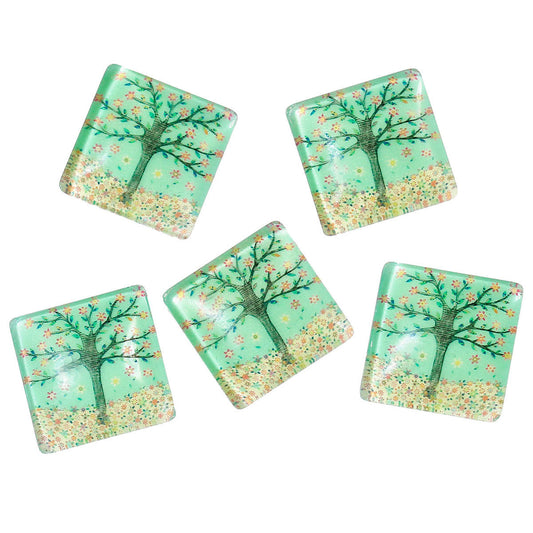 CA508 - 10 pcs. Square Glow in the Dark Glass Dome Seals Tiles - 20mm (3/4 in) - Tree Design