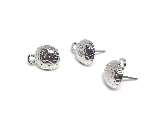 E424 - 10 pcs. (5 pairs) Silver Tone Earring Posts/Bases/Studs/Settings - Hammered Style - Half Round - 10mm Diameter- 13mm with Loop - Hole: 1.8mm