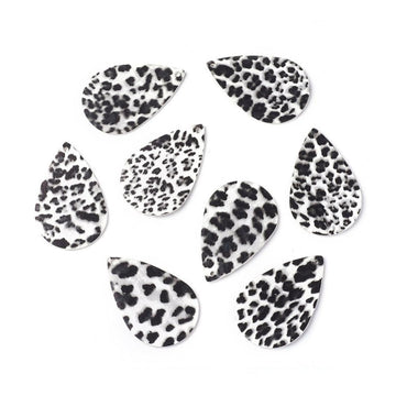 P2059 - 10 pcs. Leopard Faux Leather Dangle Charms Pendants - Teardrop - Black and White - 56mm (2.2") - Double Sided