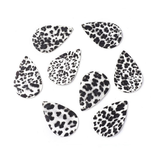 P2059 - 10 pcs. Leopard Faux Leather Dangle Charms Pendants - Teardrop - Black and White - 56mm (2.2") - Double Sided