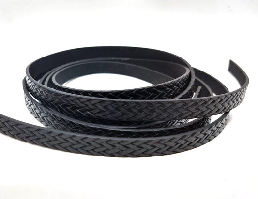 N176 - 1M (3.28 FT) - Black FLAT Faux Leather Jewelry Cord - 10mm Wide - BRAIDED
