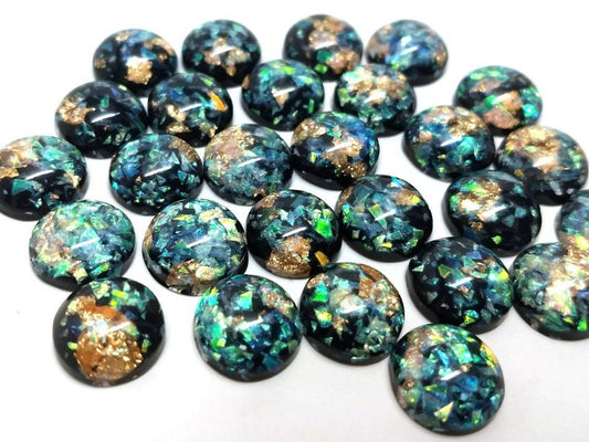 CA853 - 10 pcs Resin Round Embellishment Circle Cabochons Metal Foil Black, Green, Gold - 10mm - Multi-Color Glitter