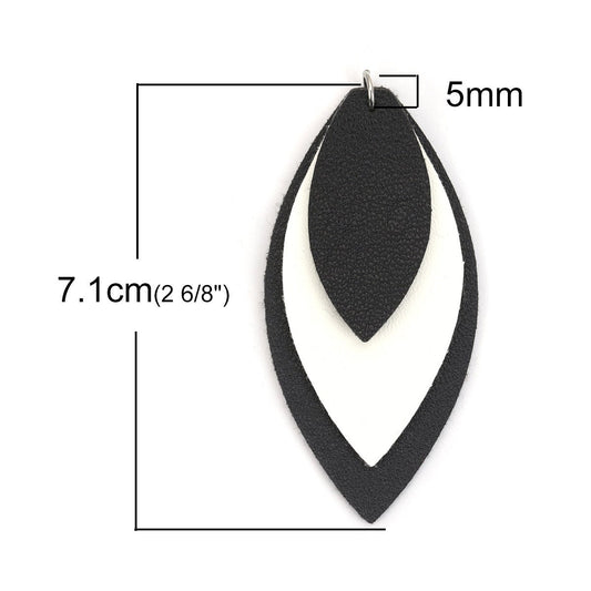 P905 - 10 pcs. Black White Black Faux Leather Dangle Charms Pendants - Leaf - Triple Layer - 71mm (2.8") - Great for Light Earrings or Dangles
