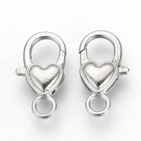 CL147 - 20 pcs. Silver Tone Heart Lobster Clasps - 27mm x 13mm - Claw Clasps
