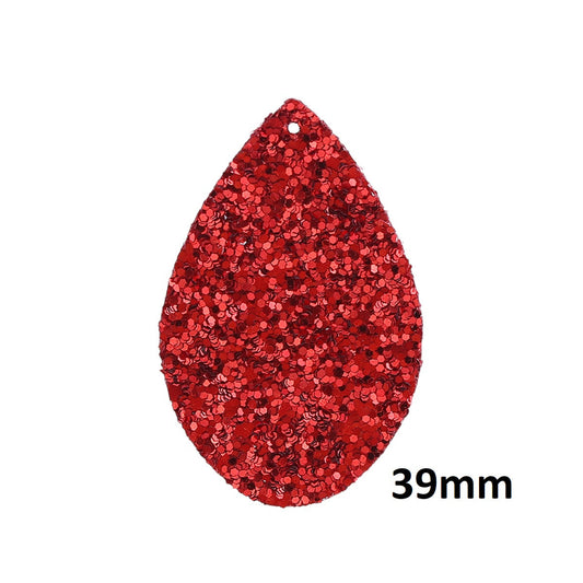 P1168 - 10 pcs. Red Glitter Faux Leather Dangle Charms Pendants - Teardrop - 39mm (1.53") - Great for Light Earrings and Dangles! Double Sided