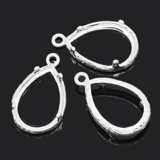 P416 - 5 pcs. Silver Plated Teardrop Bezel Frame Cabochon Pendant Tags Trays - 14mm x 10mm Glue Pad - Setting