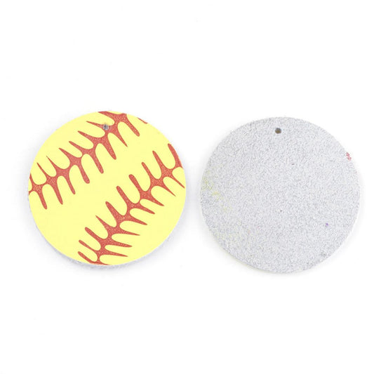 P2082 - 10 pcs. Yellow and Red Softball Ball Faux Leather Dangle Charms Pendants - Circle - Sports - 45mm (1.77") - Single-Sided