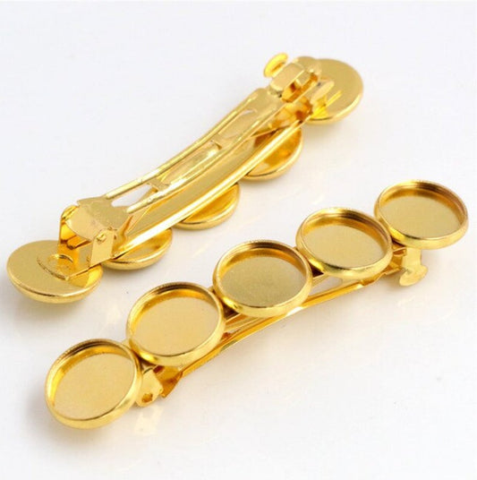 H070A - 2 pcs Yellow Gold French Hair Barrettes Hair Clips - 71mm x 14mm - 12mm Glue Pad - LARGE - 5 Bezels