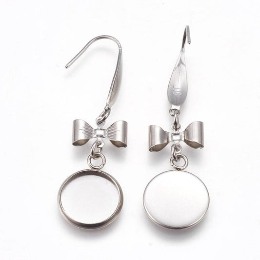 E135 - 10 pcs. 316 Stainless Steel Silver Tone Earring Dangle Hooks Settings Bezels Cabochons - 12mm Glue Pad Setting - Bow Design