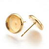 E440A - 2 pcs. 304 Stainless Steel Bright Gold Plated Earring Posts Studs Settings Bezels Cabochons Tacks- 10mm Glue Pad Setting - with Stoppers