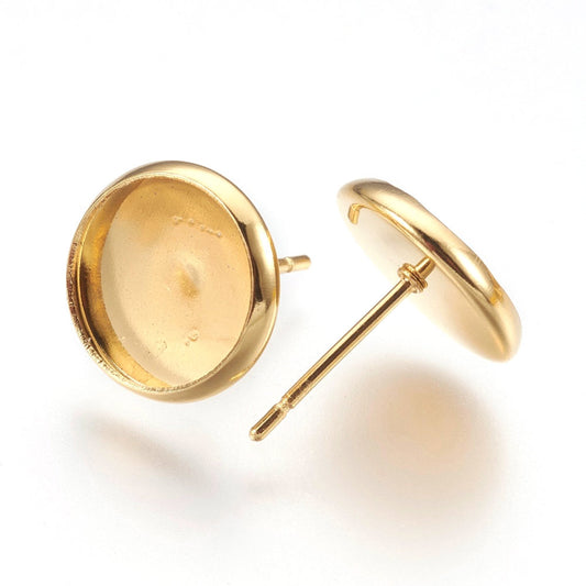 E440A - 2 pcs. 304 Stainless Steel Bright Gold Plated Earring Posts Studs Settings Bezels Cabochons Tacks- 10mm Glue Pad Setting - with Stoppers