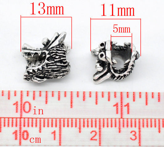 BD502 - 10 pcs Antique Silver Dragon Head European Spacer Charm Beads - 13mm x 11mm - Hole Size: 5mm - Fits European Cords and Paracord!