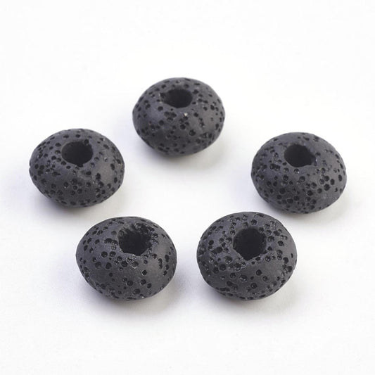 BD763 - 10 pcs. Unxawed Black Lava Rondelle Spacer Beads - 15mm - Large Hole - Hole Size: 5mm - Fits European Cords!