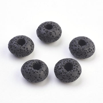 BD634 - 10 pcs. Waxed Black Lava Rondelle Spacer Beads - 15mm - Large Hole - Hole Size: 4mm - Fits European Cords!