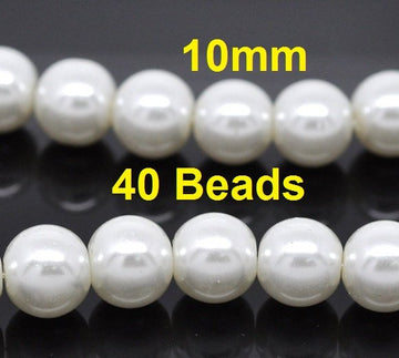 BD102 - 10mm White Glass Pearl Imitation Round Beads - 16 inch strand