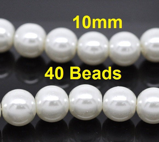 BD102 - 10mm White Glass Pearl Imitation Round Beads - 16 inch strand