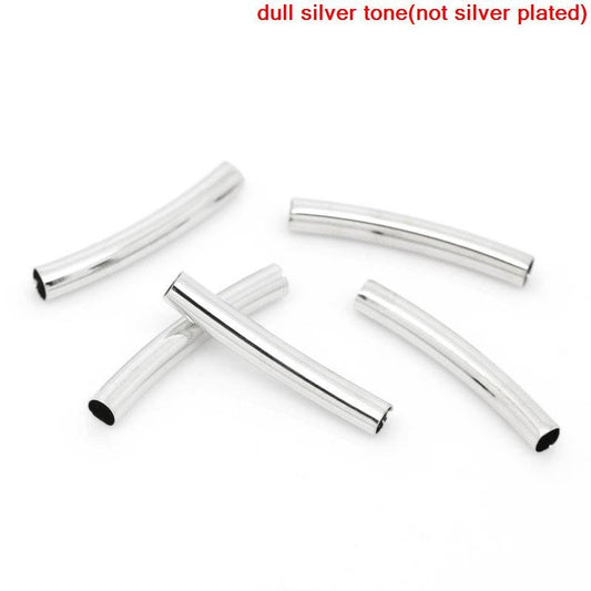 BD540 - 200 pcs. Silver Tone Noodle Tube Long Thin Curved Beads - 27mm x 4mm (1.06" x 0.16")