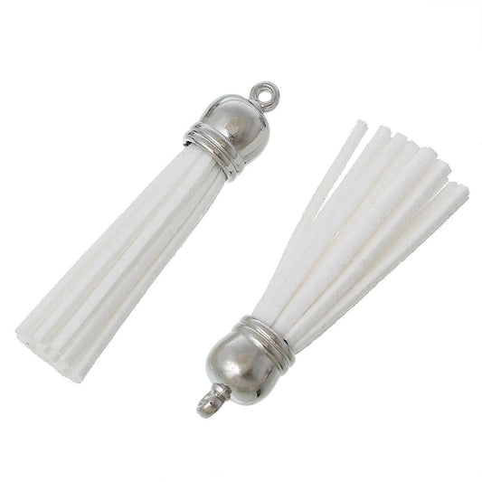 P573 - 10 pcs. White Faux Suede Tassel Dangle Charms Pendants - Silver Tone - 6cm (2 3/8") x 1.2cm (1/2") - Great for Light Earrings &amp; Dangles