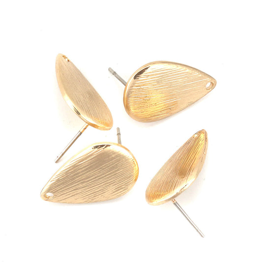 E539 - 10 pcs. Gold Plated Earring Posts Studs Settings Tacks with Hole - Drop - Leaf - Teardrop - 20mm x 13mm - Hole Size: 1.3mm - Brushed Style