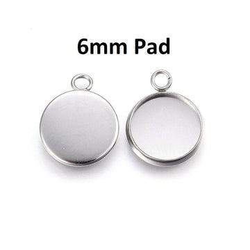P088 - 10 pcs. 304 Stainless Steel Circle Settings Bezels Cabochons Pendants - 6mm Glue Pad Setting - Silver Tone - Trays - Single Parallel Loop