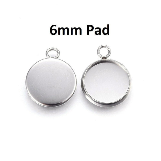 P088 - 10 pcs. 304 Stainless Steel Circle Settings Bezels Cabochons Pendants - 6mm Glue Pad Setting - Silver Tone - Trays - Single Parallel Loop
