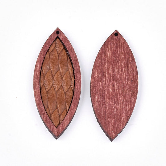 P2103 - 4 pcs. Light Brown REAL Leather Cowhide over Wood Dangle Pendants - Rattan - Marquise - 46mm (1.81") - Great for Earrings or Dangles!