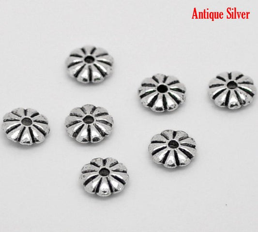 BD290 - 100 pcs Antique Silver Snowflake Daisy Spacer Beads- 7mm