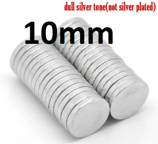 B062 - 10 pcs. Silver Tone Super STRONG Disc Magnets - 10mm (1cm) - Neodymium