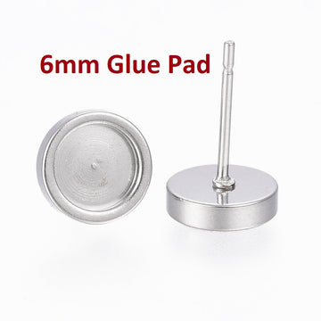 E414 - 10 pcs. 304 Stainless Steel Earring Posts Studs Settings Bezels Cabochons Tacks - 6mm Glue Pad Setting - Silver Tone - Flat Thick Bezel