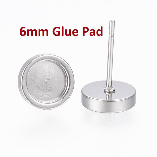 E414 - 10 pcs. 304 Stainless Steel Earring Posts Studs Settings Bezels Cabochons Tacks - 6mm Glue Pad Setting - Silver Tone - Flat Thick Bezel
