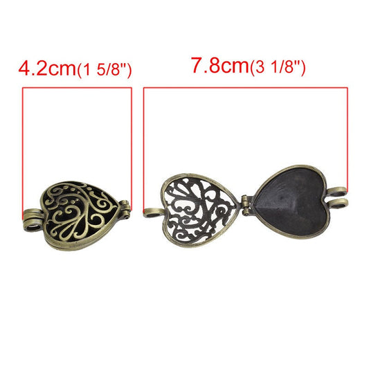 P641 - 3pcs. Antique Bronze Carved Heart Vine Pendant Locket Box Pendants - 42 X 30mm