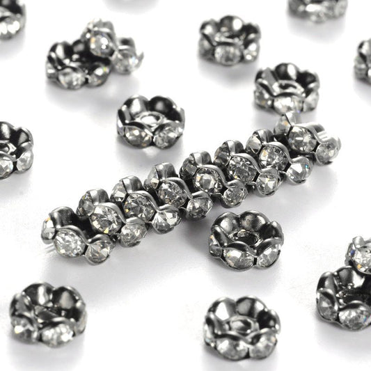 BD585 - 20 pcs Gunmetal Black Clear Rhinestone Rondelle Spacer Beads - 6mm x 3mm - Grade A - Hole Size: 1mm - Curved Edge - Wavy Edge