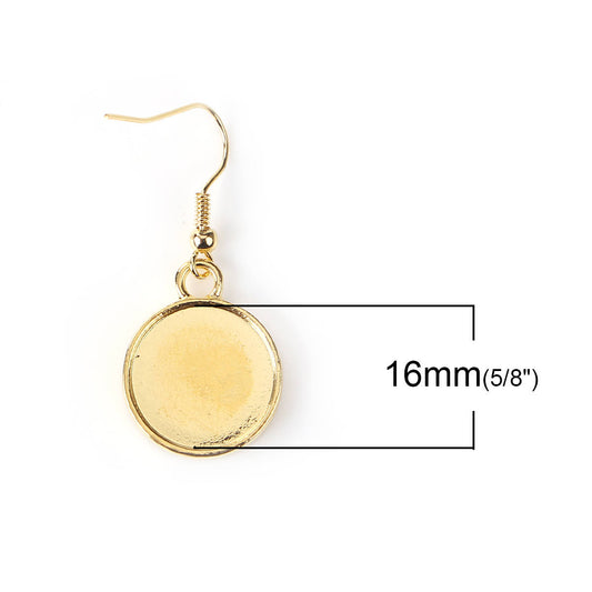 E309 - 10 pcs. Gold Plated Earring Dangle Hooks Settings Bezels Cabochons - 16mm Glue Pad Setting